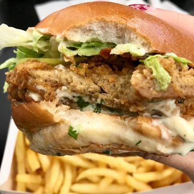 Temple Burger - Chick’n Fillet, Ranch Mayo, Bacon, Cheese, Lettuce, Pickles