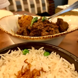 Goat Kosha Mangsho and Mattar Pulao [vegan] rice dish