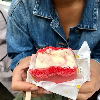 Strawberries and cream macaroon ice cream sandwich